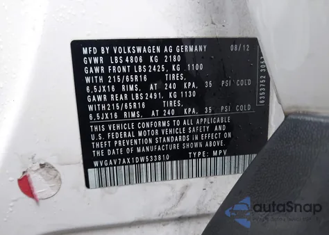 2013 Volkswagen Tiguan S z USA, uszkodzony, nr VIN WVGAV7AX1DW533810